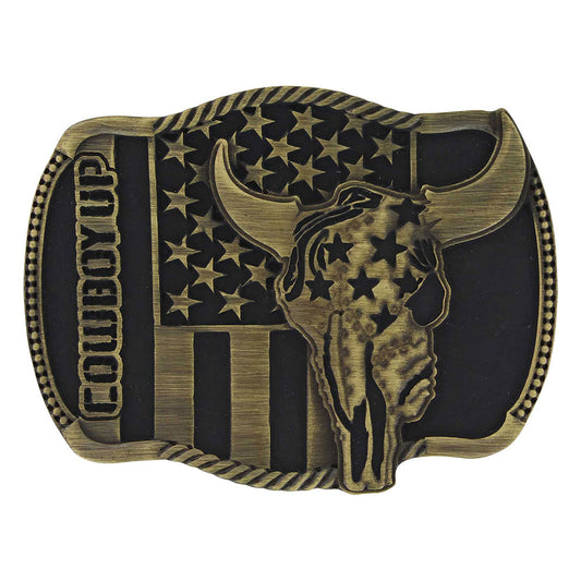 Belt Buckle 'Cowboy Up Flag Skull Brass'